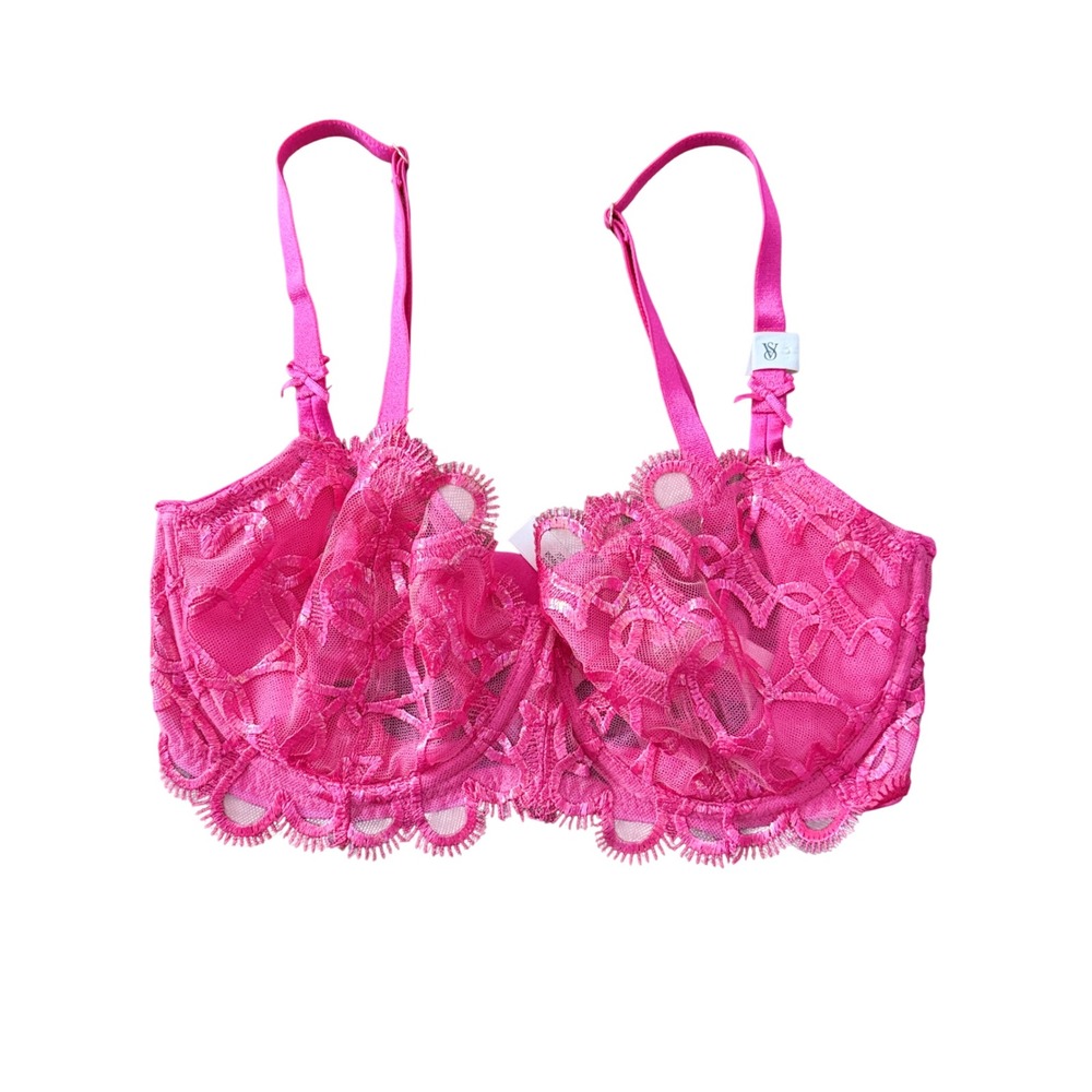 Victoria's Secret Pink Heart Lace Unlined Balconette Bra 32DD New Romantic